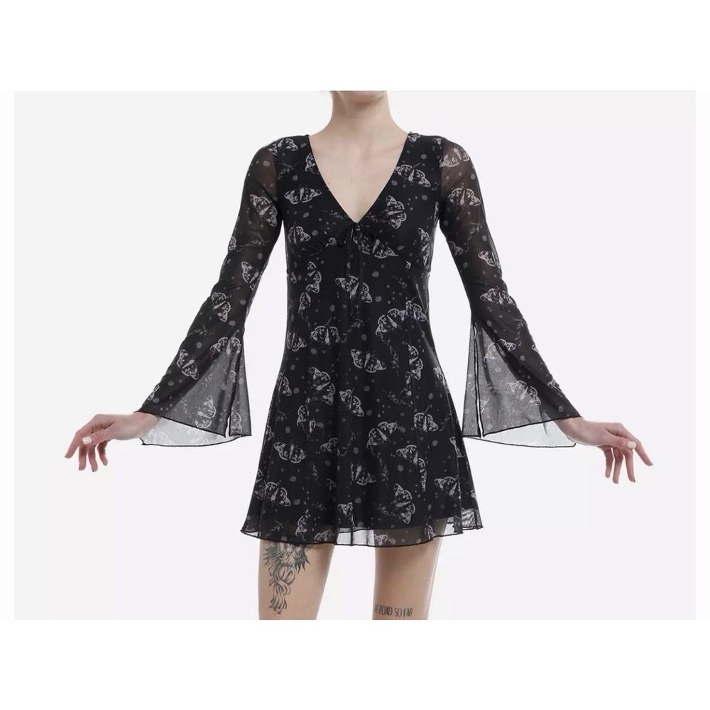 Hot Topic Thorn & Fable Moth Bell Sleeve Dress Black Mesh Goth Mini Medium